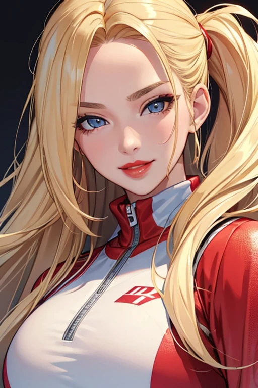 1girl,  (masterpiece, detailed background, best quality), long and shiny hair, blonde hair, sportswear, smirk, juicy lips, bitch juice, red lips, perfect eyes,