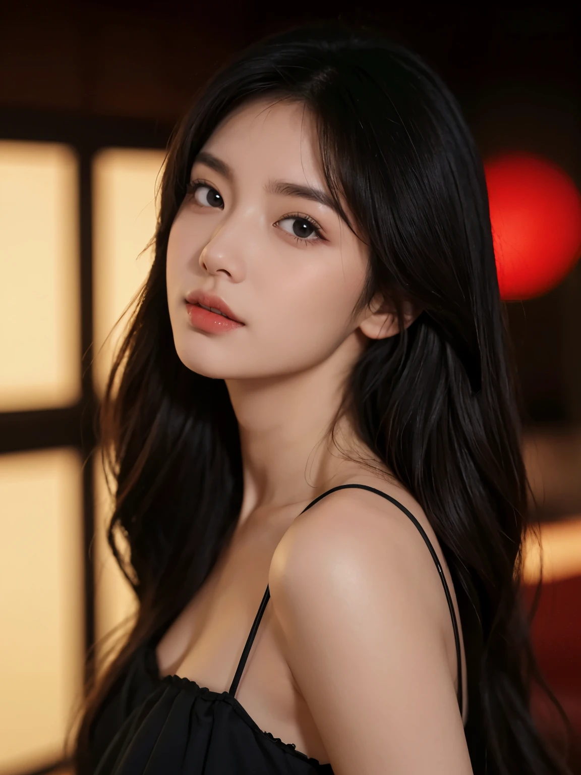 tmasterpiece, Best Picture Quality, high high quality, Sweet woman, chineseidol, Popular Korean makeup, A detailed, Swollen eyes, Detailed eyes, Detailed skins, Beautiful skins, 超A high resolution, (Realistis: 1.4), is very beautiful, Slightly younger face, Beautiful skins, slim, (Ultra photo realsisim), (illustratio), (A high resolution), (8K), (The is very detailed) (Most Best Illustration), (Beautiful detailed eyes), (超詳細), (the wallpaper), (A detailed的脸), looking at viewert, finely detailled, A detailed的脸,pureerosfaceace_v1,ssmile,Staring straight ahead,Staring straight ahead,From the angle of waist up,photograph of-realistic,Bright lights,profesional lighting,brunette color hair(some of hair part green),long whitr hair,Dark ruins,Big Red Moon,Gorgeous red and black dress,Mature woman,Long fashion bangs,
