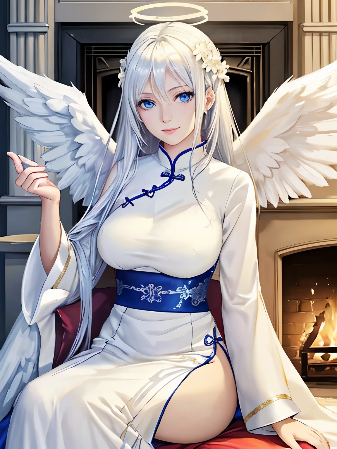 (hyperrealistic), candlelight, a female angel with white wings, detailed blue eyes, white haired long deity, shiny halo, happy face, trained body, athletic, medium breasts, looking at viewer, sitting on a big cushion, in front of a fireplace