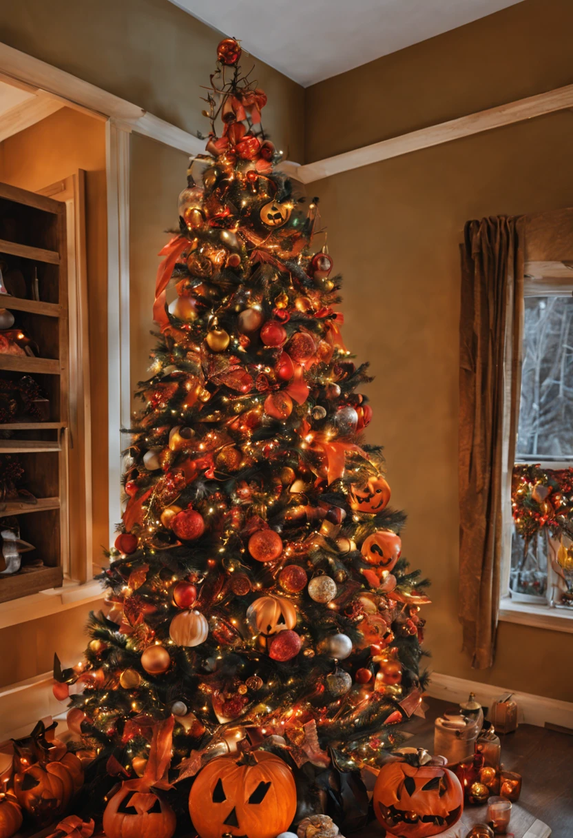 christmas tree with halloween decorations