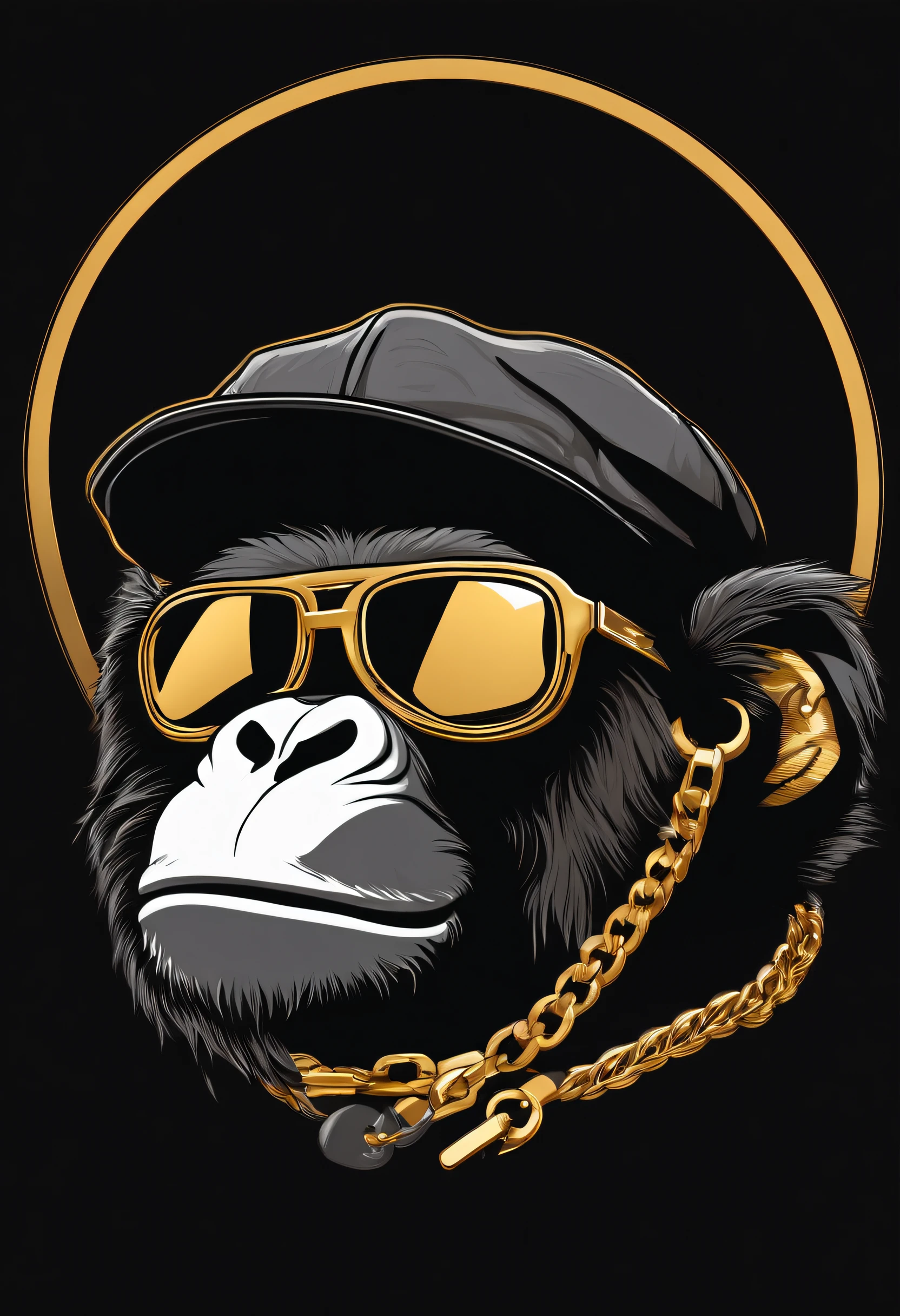 /imagine prompt: hiphop monkey illustration for a simple sticker with a black background, corrente de ouro, em estilo de contorno em negrito, bordas irregulares,