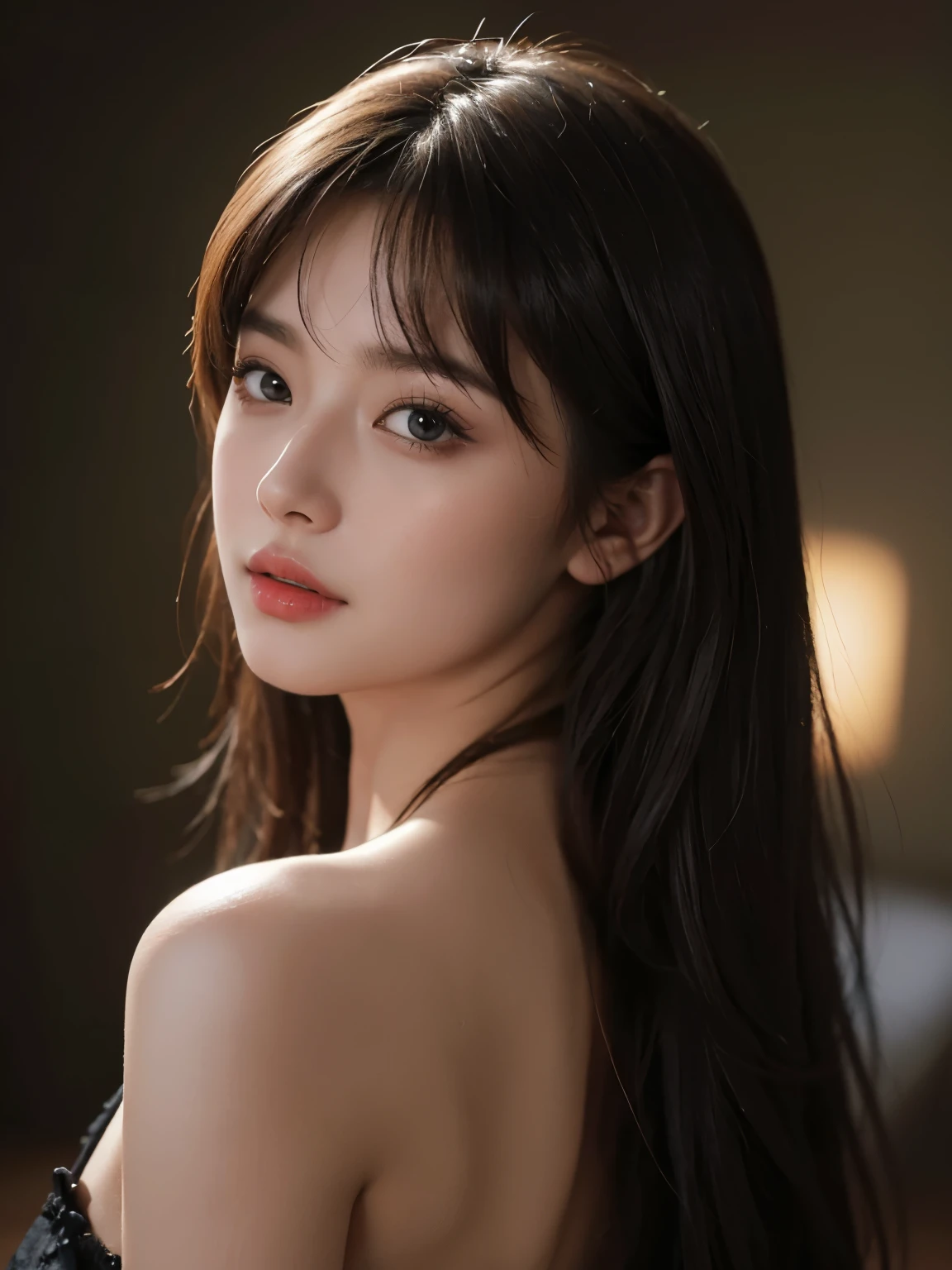tmasterpiece， Best Picture Quality， high high quality， Sweet woman， chineseidol， Popular Korean makeup， A detailed， Swollen eyes， Detailed eyes， Detailed skins， Beautiful skins， 超A high resolution， （Realistis： 1.4）， is very beautiful， Slightly younger face， Beautiful skins， slim， （Ultra photo realsisim）， （illustratio）， （A high resolution）， （8K）， （The is very detailed） （Most Best Illustration）， （Beautiful detailed eyes）， （超詳細）， （the wallpaper）， （A detailed的脸）， looking at viewert， finely detailled， A detailed的脸，pureerosfaceace_v1，ssmile，Staring straight ahead，Staring straight ahead，From the angle of waist up，photograph of-realistic，Bright lights，profesional lighting，brunette color hair（some of hair part green），long whitr hair，Dark ruins，Big Red Moon，Gorgeous red and black dress，Mature woman，Long fashion bangs，