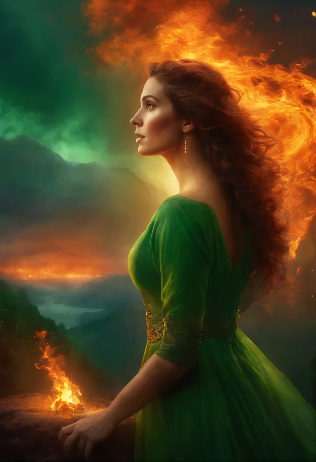 Painting of a woman with brown curls in a green dress surrounded by fire, looking at a fiery spirit (fire elemental), standing on a ledge of a rock in fire, Goddess of fire, wonderful fiery mood, fabulous digital painting, Magical colors and atmosphere lost in a dreamy fairy-tale landscape, Magical colors and atmosphere, Fiery light, moody foggy fantasy art, Standing in a mystical forest, Fantasy digital painting, Dragon tranquility, Dreamy Scene, Mystical Scene, Fire Empress
