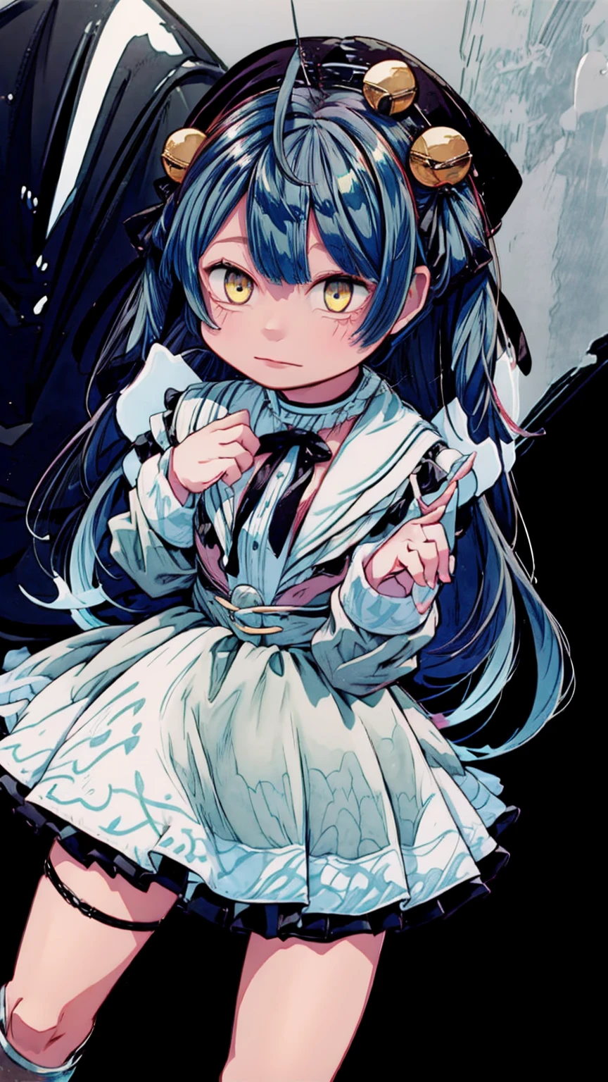 little girl,(top-quality, ultra-detailliert,:1.2),shiny skin,beautiful face,beautiful skin,beautiful,amamiya kokoro,blue hair,two side up,yellow eyes,(shining eyes:1.1),slender body,(flat chest:1.1),(short stature:1.2),cowboy shot,from side,looking at viewer,(perfect hands:1.1),(4 finger:,1 thumb:1.04),WINDY,chuckle
