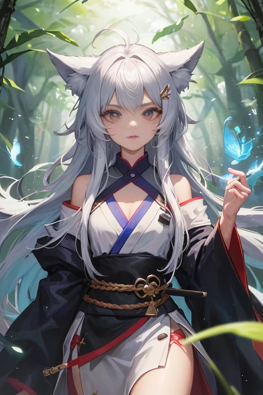 ((Official fine art，tmasterpiece)):0.9，Sharp focus，1 boy，cool guy，fox spirit，ember，China-style，Oriental fantasy，fox ear，Blue and white robes，long  white hair，golden hair accessory，apathy，high and cold，A male god，Book of Life and Death，bamboo forrest，cold shades，gloom，Long silver hair fluttering in the wind，Bunched hair，Sword eyebrows