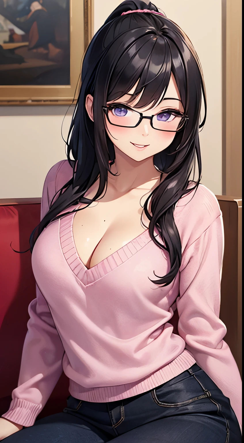 Sexy and cute woman, black hair in a ponytail, glasses, pink lips, purple knitted sweater, black pants, sitting on couch, seductive yet comforting smile, blushing, medium chest, cleavage, perfect body