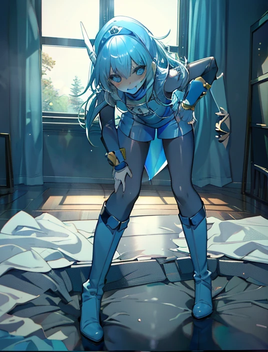 highest quality,sleep on your back in bed，Crab crotch，show me your boots，thigh high boots，leotardチラ見せ，glove，elegant, 1 girl, leotard，body suit，cute, blushed, looking at the viewer, from below, prison，blue eyes, beautiful eyes, beautiful background, particles of light, Light of the sun, dramatic lighting, outside, shiny, realistic, table top, highest quality, Super detailed, get used to it, scenery, beautiful and detailed eyes, thin hair，full body shot，