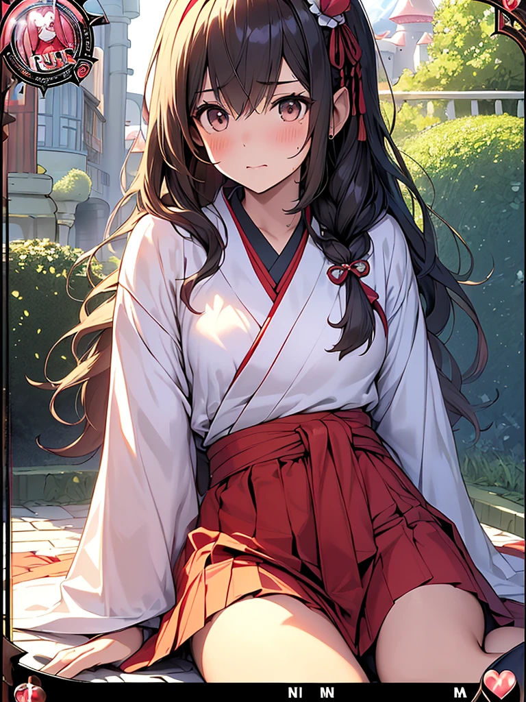 photo realistic, (masterpiece,best quality:1.4),(8k,raw photo,photo realistic:1.2), detailed skin, detailed face, ((1girl)),Japanese idol, cute face, little girl, , (raw photo, photo realistic: 1.2), ALL , nudi, (((NO ))),nipp-les, Open , , went, (((hair of , ))), pubisure, (RED frilled japanese clothes), ((RED frilled hakama short skirt)), frilled, White frilled legwear, ankle boots, frilled choker, amulet, wrist cuffs, sash, frilled reg garter, ((())), cape, (((Holding a cute magic wand))), heart ring, ((long hair)), light brown hair, braid, brown eyes, straight hair, little girl, 12years old, petite, cute, happy, , small , (((sitting ))), kanzashi, (hairband), ((( fake  ,Not for safe work))), heart shaped pupils, medium bob,(( juice, Sweat, Sweatdrop)), (((spread ,))), ((())), (()), (()), urinates, , yumekawa,yumekawaii,pastel color,(wonderland garden:1.3),rainbow, imagination,(no gravity, floating Castle:1.4),heart background, beam of light, glittering ball of light, (((trading card))),