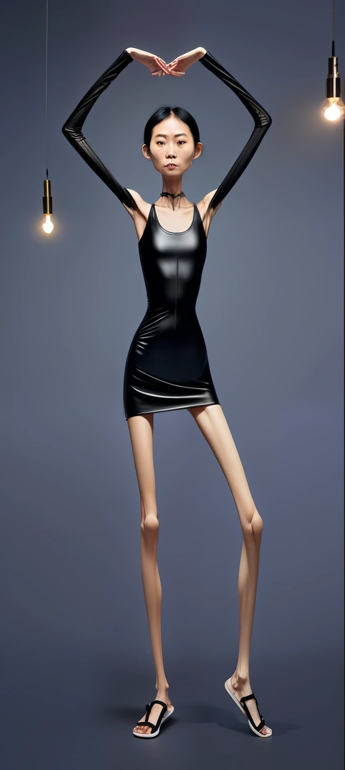 extremely thin woman,oily skin,The body is very thin,Rib chest,Protruding sternum,The sternum is obvious,Waist is very thin,The ribs are noticeable,Protruding ribs,The pelvic protrusion is very obvious,Clear outline of pelvis,The crotch protrudes,thin shoulde,Upper body,Waist is very thin,Sunken abdomen,Abdominal muscle atrophy,Delicate arms,arm muscle atrophy,thin legs,leg muscle atrophy,Knees obviously protrude,Ankles are obviously prominent,Wear a one-piece leather jacket,wearing black,wearing slippers,Short hair details,asian face,Haggard expression,Excessive weight loss,sunken face,Severe malnutrition,So thin that only the skeleton remains