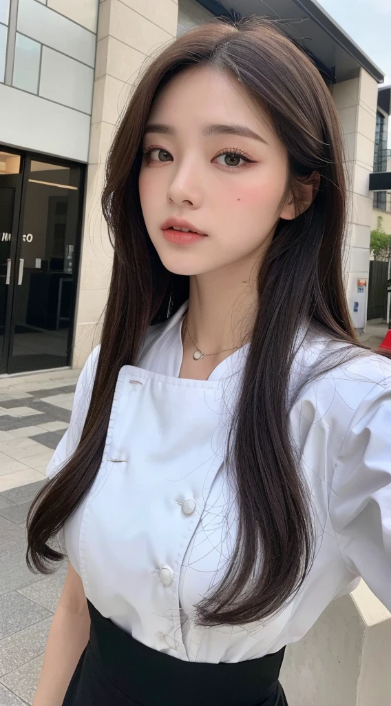(best quality, high resolution, chef-d'artwork :1.3), Une grande et jolie femme, Abdos minces, Dark Brown Hair Styled in Loose Waves, seins, Porter un pendentif, White Button Down Shirt, ceinture, Jupe noire, (Modern architecture in the background), Superbly rendered details on the face and skin texture, detailed eyes, double eyelid