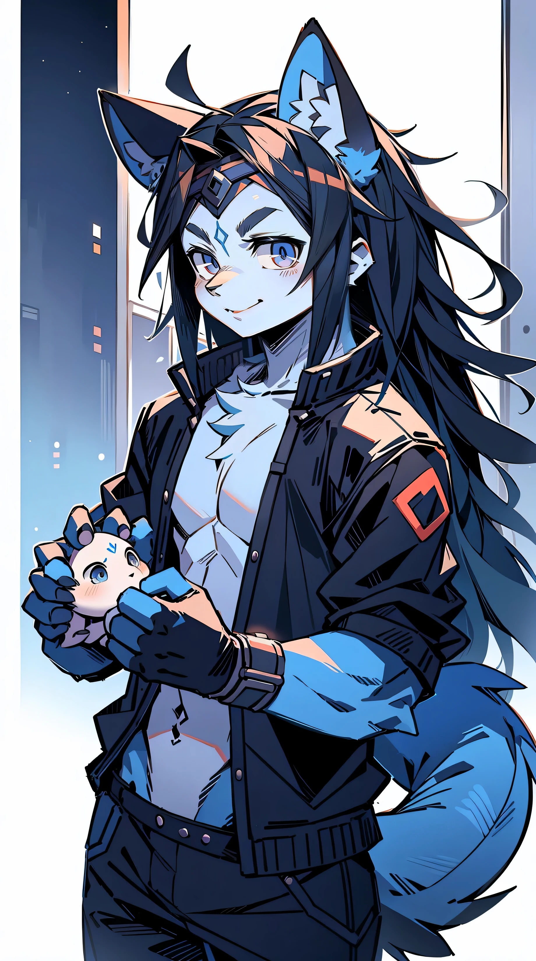 blue wolf purple eyes, , long black hair, end, The chest is slightly raised,red and black costume,with smile,Two small ears,White skin,jojos bizarre adventure