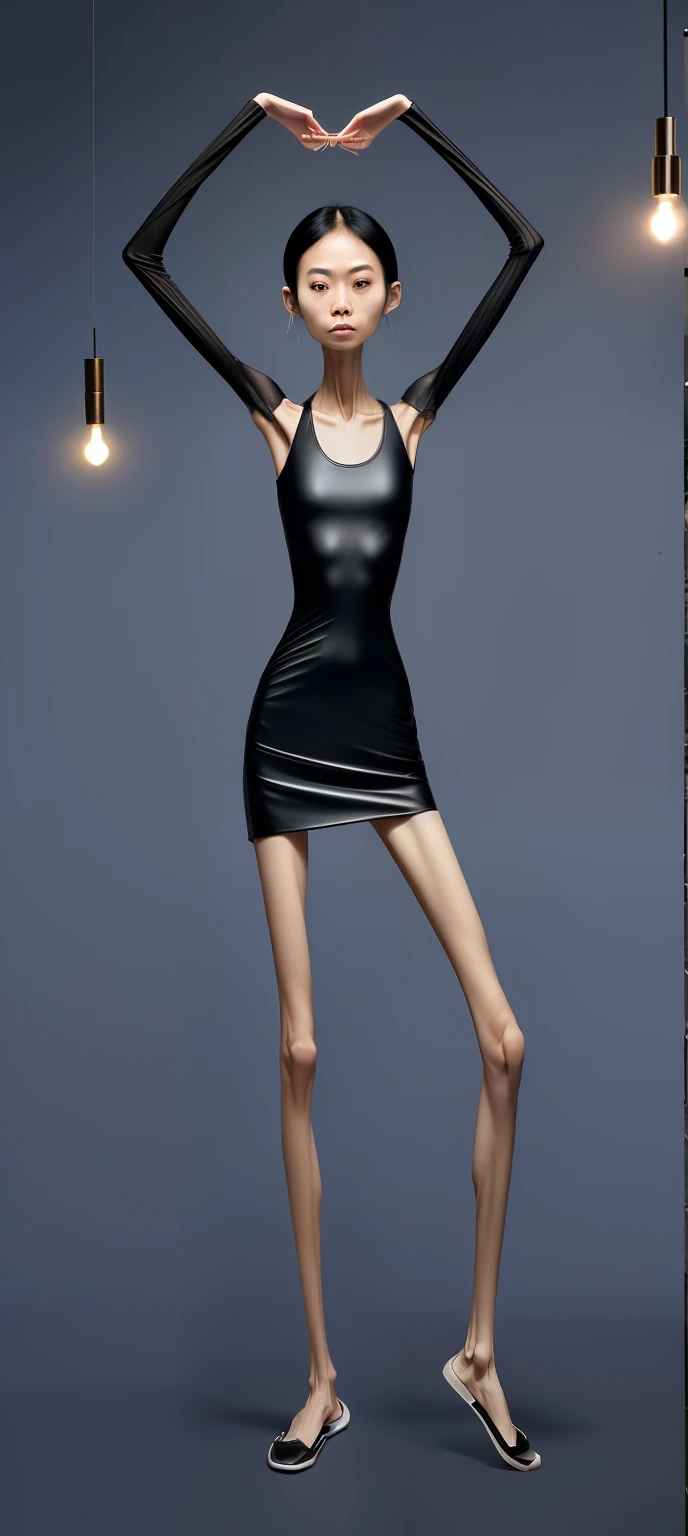 extremely thin woman,oily skin,The body is very thin,Rib chest,Protruding sternum,The sternum is obvious,Waist is very thin,The ribs are noticeable,Protruding ribs,The pelvic protrusion is very obvious,Clear outline of pelvis,The crotch protrudes,thin shoulde,Upper body,Waist is very thin,Sunken abdomen,Abdominal muscle atrophy,Delicate arms,arm muscle atrophy,thin legs,leg muscle atrophy,Knees obviously protrude,Ankles are obviously prominent,Wear a one-piece leather jacket,wearing black,wearing slippers,Short hair details,asian face,Haggard expression,Excessive weight loss,sunken face,Severe malnutrition,So thin that only the skeleton remains