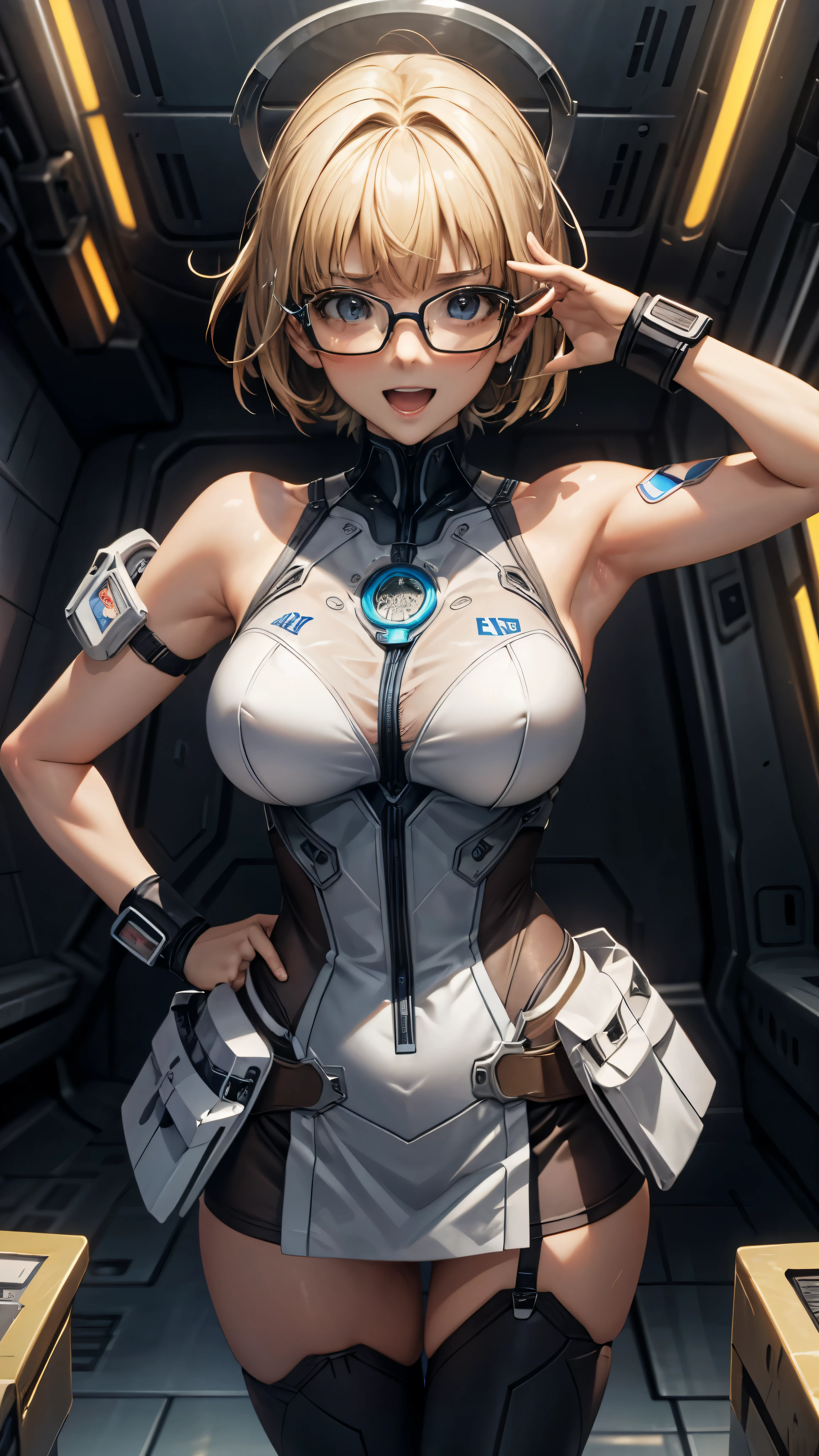 woman,20-year-old,,city,night,white tight miniskirt bodysuit,(Harada Makoto),open mouth smile,((See-through)),((blonde)),Glasses