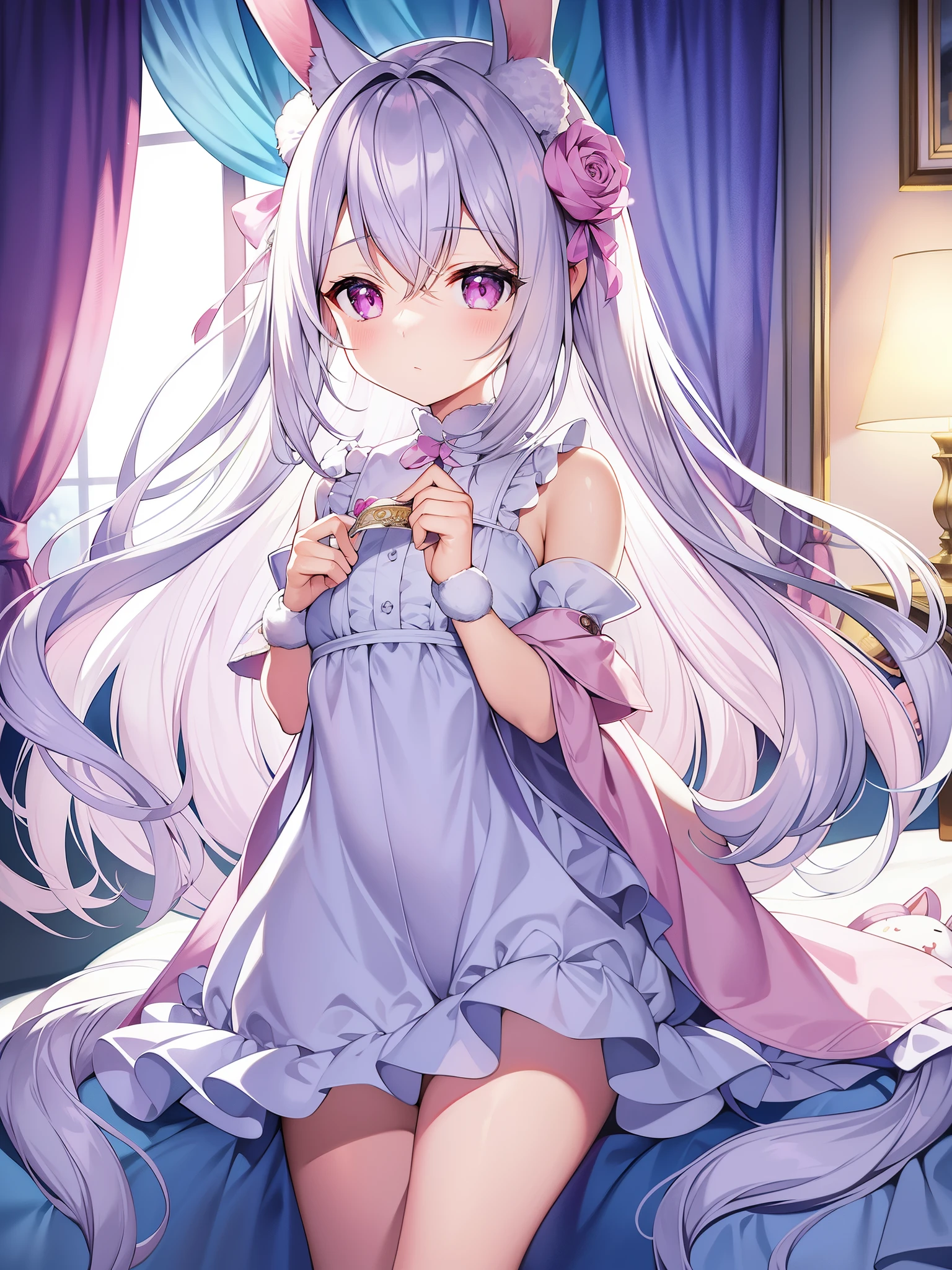 beautiful illustrations、highest quality、pretty girl、Bedroom、pastel colour、fluffy rabbit ears、petite、long silver hair、rabbit stuffed、bright lighting、light pink eyes