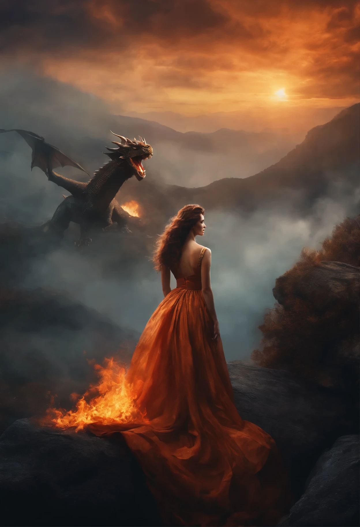 Painting of a woman with brown curls in a fiery dress, standing under a huge dragon on a ledge of a rock in fire, Goddess of fire, wonderful fiery mood, fabulous digital painting, Magical colors and atmosphere lost in a dreamy fairy-tale landscape, Magical colors and atmosphere, Fiery light, moody foggy fantasy art, Standing in a mystical forest, Fantasy digital painting, dragon calm, Dreamy scene, Mystical scene, fire empress