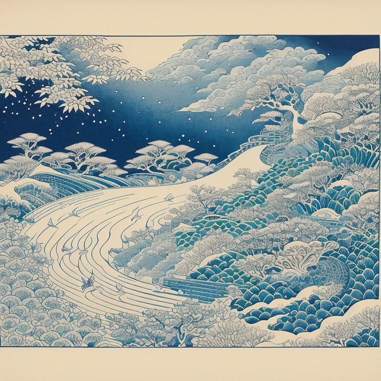  bold line art, inspired by Katsushika Ōi, Highly detailed lineage, very fine ink line drawing, Dragon Peacock. Complex, Complex線画, inspired by Tawaraya Sōtatsu, inspired by Katsushika Hokusai, highly detailed linework,simple scale，Morning landscape with frost pillars，Midwinter morning