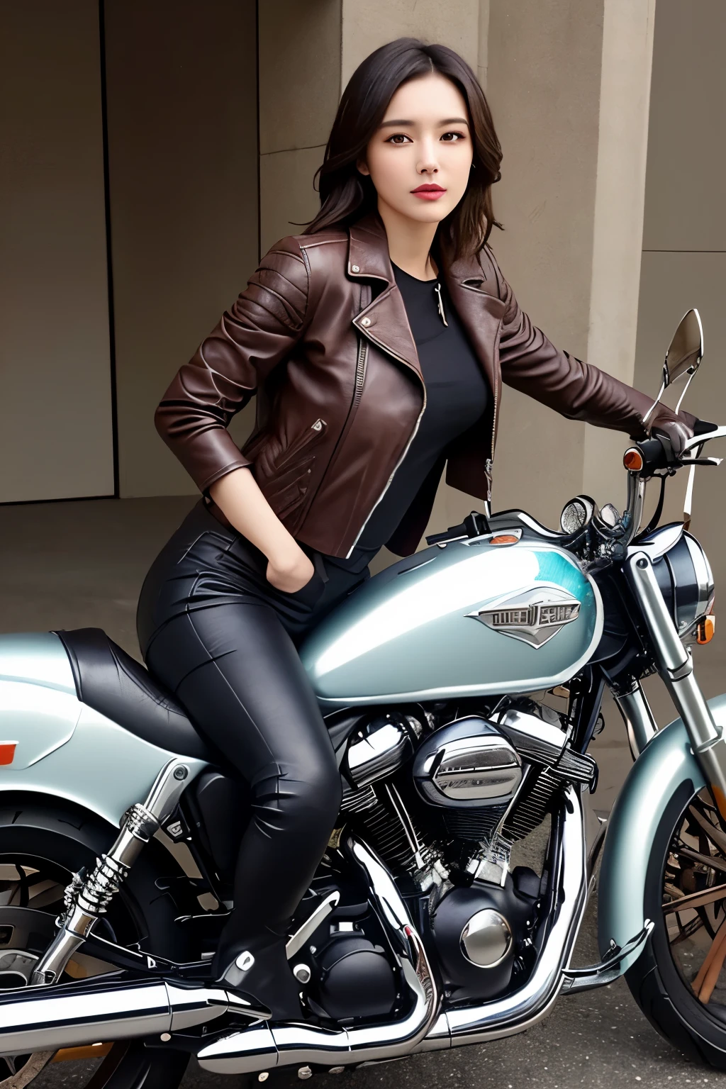 ((best quality)), ((masterpiece)), ((perfect face))、Detailed and clear photos、One slim rider woman、(((brown leather jacket, leather pants and long boots)))、(((Riding a motorcycle with detailed metallic colors)))