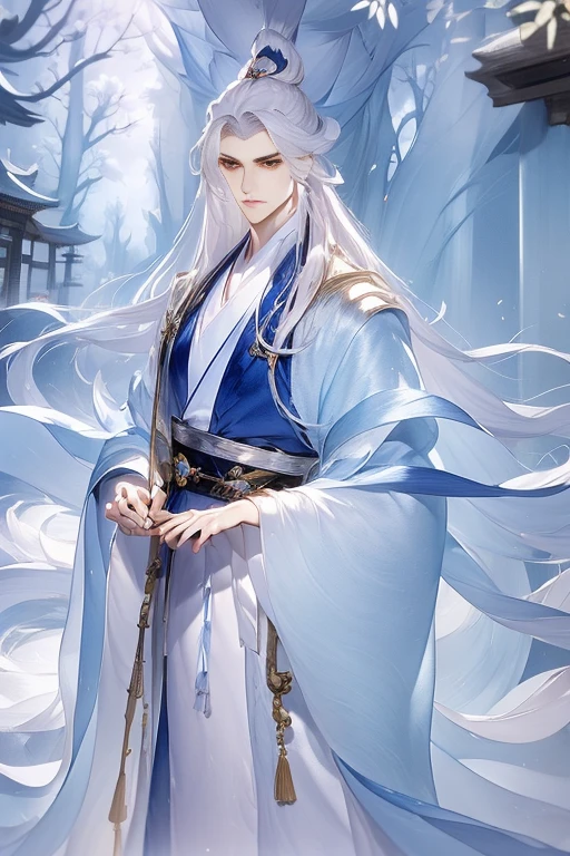 ((Official fine art,tmasterpiece)):0.9,Sharp focus,1 boy,cool guy,fox spirit,ember,China-style,Oriental fantasy,fox ear,Blue and white robes,long white hair,golden hair accessory,apathy,high and cold,A male god,Book of Life and Death,bamboo forrest,cold shades,gloom,Long silver hair fluttering in the wind,Bunched hair,Sword eyebrows