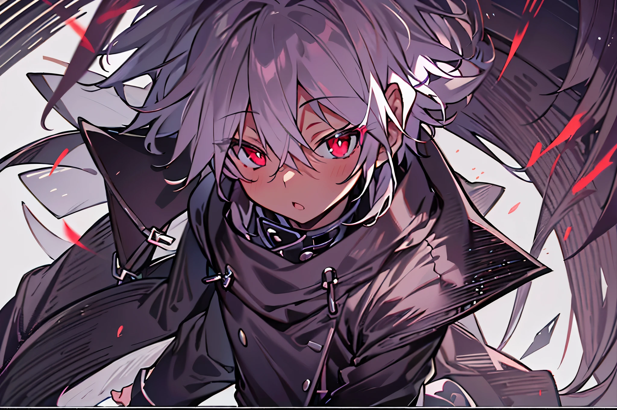 hight resolution,Anime boy with white hair and red eyes staring at camera, red eyes,slim, dressed in a black outfit,Shadow Body,Brown skin,monochromes,hair messy,Diagonal angle