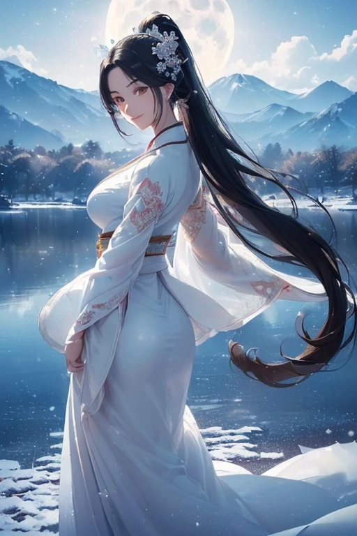 a beautiful woman, legendary, ((((Realistic oil painting, 46 year old queen, Vibrant look, (( white hanfu, White details, pure white, white dress, White clothes, wuxia, standing beside the lake and gazing at faraway place, humble)), top of mountain, 1 girl, masterpiece, Very detailed, (Beautiful and detailed light), lens flare, red halo lens, moon flare, cloud, backlight, (blue sky)
, light from behind, shadows on characters, Sparkling snow ,Smile, laughter, Stand far away, looking at the audience, full length
, elegance under the moon, hair accessories, Athletic sports, Images look lifelike, Perfect body, very Bigger breasts, the butt is large, pretty face, milf, royal, black hair, silky hair, shiny hair, shining eyes, golden eyes, Ponytail hairstyle for long hair, beautiful skin, Hair is extremely detailed, Exquisite details, Cinema lighting, beautiful lighting effects, creative design, full body in frame, Holy Aura, hard harmonious , moonlight, Perfect color transitions, The perfect balance of contrast, Perfect color layer, Perfectly smooth color blur, soft rendering, Smooth color strokes, moonlight, Optical lenses, moonlight射线, pastel colors, Smooth color blending, perfect color rendering, harmonious, perfect color harmonious, Beautiful colors, soft , light particles, perfect details, intricate details, color prism, Exquisite details, reExquisite details, Different perspectives, Very detailed clothes))), Tachibana Daimyo art style, Affectionate look, half a Smile, Open your mouth slightly, There is a gentle expression on his face, Peaceful view of flowers under snow, snow flake floating around, calm, breeze and sunlight, sun, lake, reflection, In the background, butterfly in sky, realism, ((best quality))),8k,((masterpiece)),(extremely delicate and beautiful)