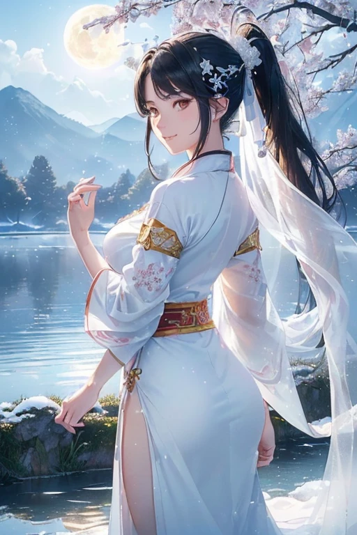 a beautiful woman, legendary, ((((Realistic oil painting, 46 year old queen, Vibrant look, (( white hanfu, White details, pure white, white dress, White clothes, wuxia, standing beside the lake and gazing at faraway place, humble)), top of mountain, 1 girl, masterpiece, Very detailed, (Beautiful and detailed light), lens flare, red halo lens, moon flare, cloud, backlight, (blue sky)
, light from behind, shadows on characters, Sparkling snow ,Smile, laughter, Stand far away, looking at the audience, full length
, elegance under the moon, hair accessories, Athletic sports, Images look lifelike, Perfect body, very Bigger breasts, the butt is large, pretty face, milf, royal, black hair, silky hair, shiny hair, shining eyes, golden eyes, Ponytail hairstyle for long hair, beautiful skin, Hair is extremely detailed, Exquisite details, Cinema lighting, beautiful lighting effects, creative design, full body in frame, Holy Aura, hard harmonious , moonlight, Perfect color transitions, The perfect balance of contrast, Perfect color layer, Perfectly smooth color blur, soft rendering, Smooth color strokes, moonlight, Optical lenses, moonlight射线, pastel colors, Smooth color blending, perfect color rendering, harmonious, perfect color harmonious, Beautiful colors, soft , light particles, perfect details, intricate details, color prism, Exquisite details, reExquisite details, Different perspectives, Very detailed clothes))), Tachibana Daimyo art style, Affectionate look, half a Smile, Open your mouth slightly, There is a gentle expression on his face, Peaceful view of flowers under snow, snow flake floating around, calm, breeze and sunlight, sun, lake, reflection, In the background, butterfly in sky, realism, ((best quality))),8k,((masterpiece)),(extremely delicate and beautiful)