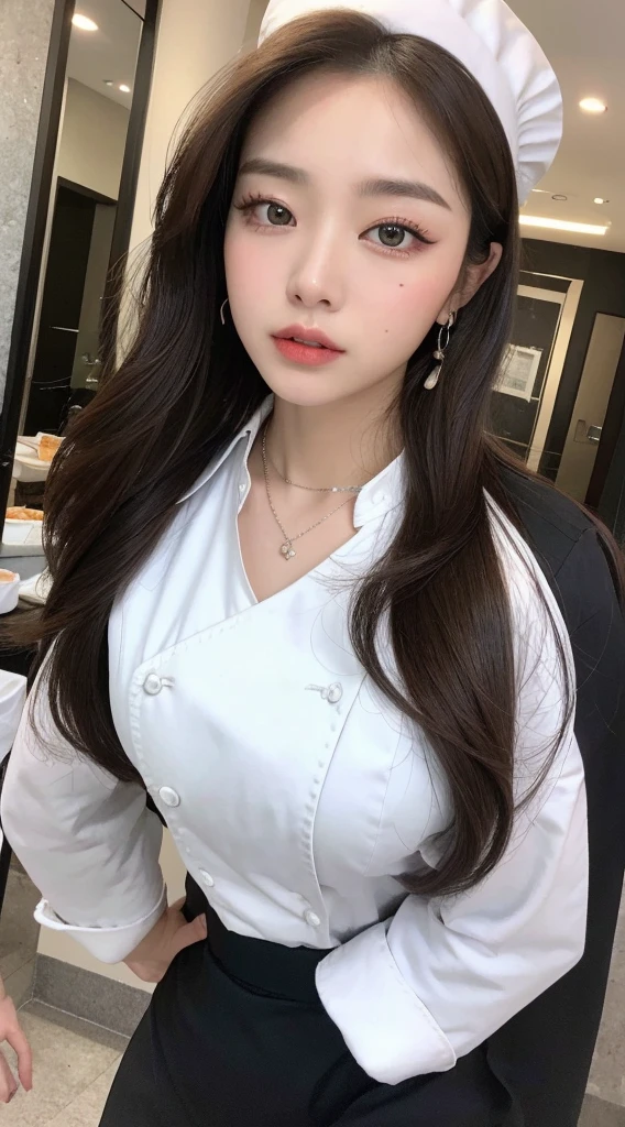 (best quality, high resolution, chef-d'artwork :1.3), Une grande et jolie femme, Abdos minces, Dark Brown Hair Styled in Loose Waves, seins, Porter un pendentif, White Button Down Shirt, ceinture, Jupe noire, (Modern architecture in the background), Superbly rendered details on the face and skin texture, detailed eyes, double eyelid