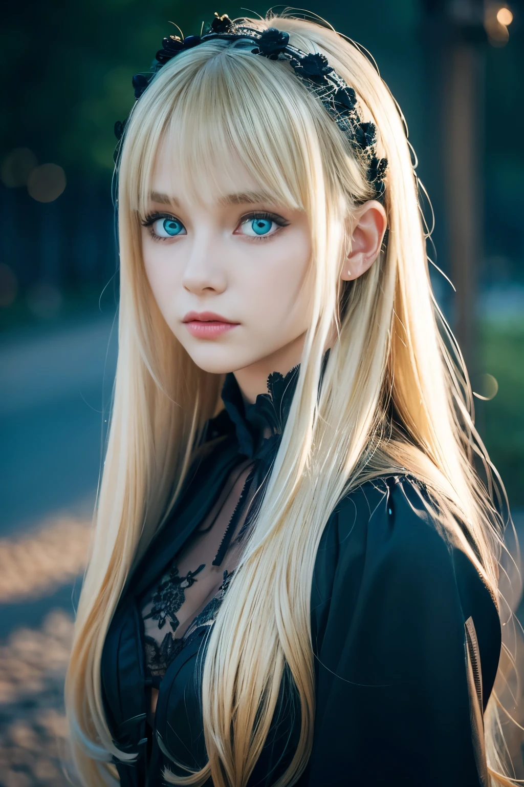 (Highly detailed CG Unity 8K wallpaper,muste piece, best quality, Super detailed),(best illumination, best shadow, very delicate and beautiful),Fluffy,high color saturation,blonde hair+eyes are blue:1.2,Dark Gothic landscape, long hair, Gaze into the distance. (Beautiful girl with long blonde hair and shining gothic lighting with blue eyes)、cheek gloss highlight
