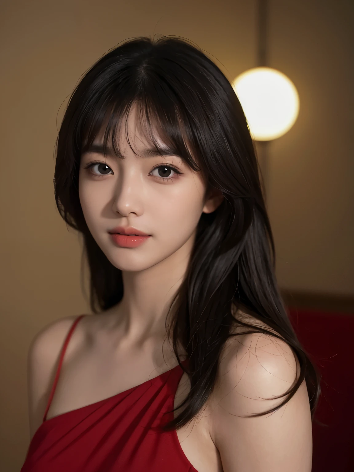 tmasterpiece, Best Picture Quality, high high quality, Sweet woman, chineseidol, Popular Korean makeup, A detailed, Swollen eyes, Detailed eyes, Detailed skins, Beautiful skins, 超A high resolution, (Realistis: 1.4), is very beautiful, Slightly younger face, Beautiful skins, slim, (Ultra photo realsisim), (illustratio), (A high resolution), (8K), (The is very detailed) (Most Best Illustration), (Beautiful detailed eyes), (超詳細), (the wallpaper), (A detailed的脸), looking at viewert, finely detailled, A detailed的脸,pureerosfaceace_v1,ssmile,Staring straight ahead,Staring straight ahead,From the angle of waist up,photograph of-realistic,Bright lights,profesional lighting,brunette color hair(some of hair part green),long whitr hair,Dark ruins,Big Red Moon,Gorgeous red and black dress,Mature woman,Long fashion bangs,