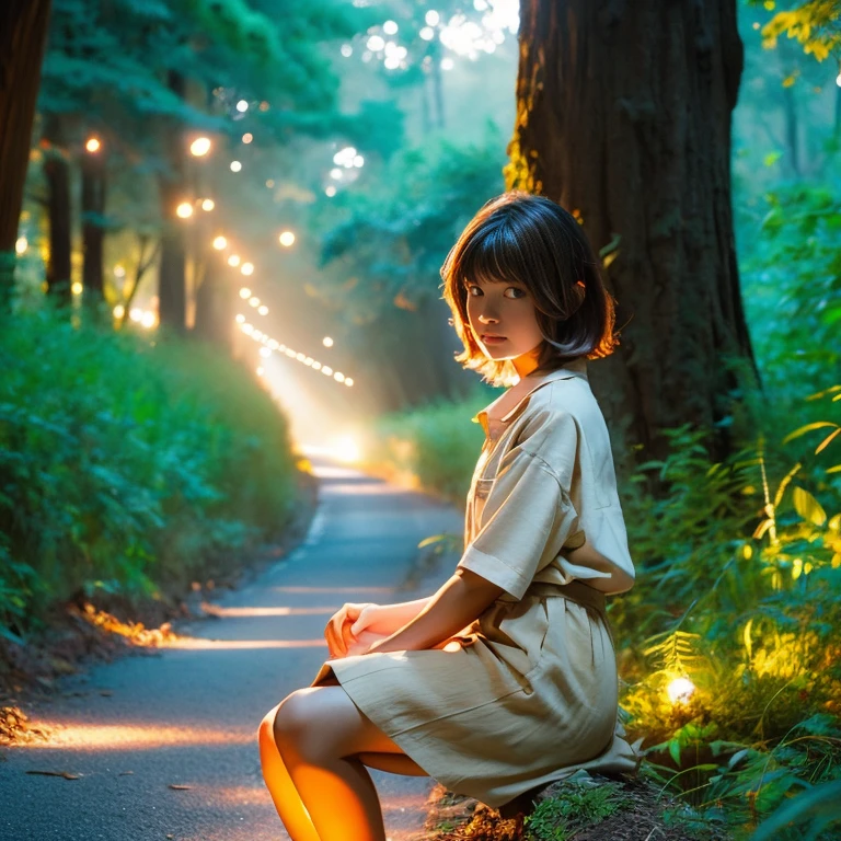 beautiful girl,pixer style,beige military shirt,Beige knee-length pleated skirt,red backpack,baby face,Brown short boots,dark brown hair,medium hair,bangs,white skin,charming eyes,long eyelashes,anxious look,Asahi,road deep in the forest,alone,Big tree,The wind is blowing,Black bird,lantern lights up,some orbs of light,Aori composition,mysterious,perfect composition