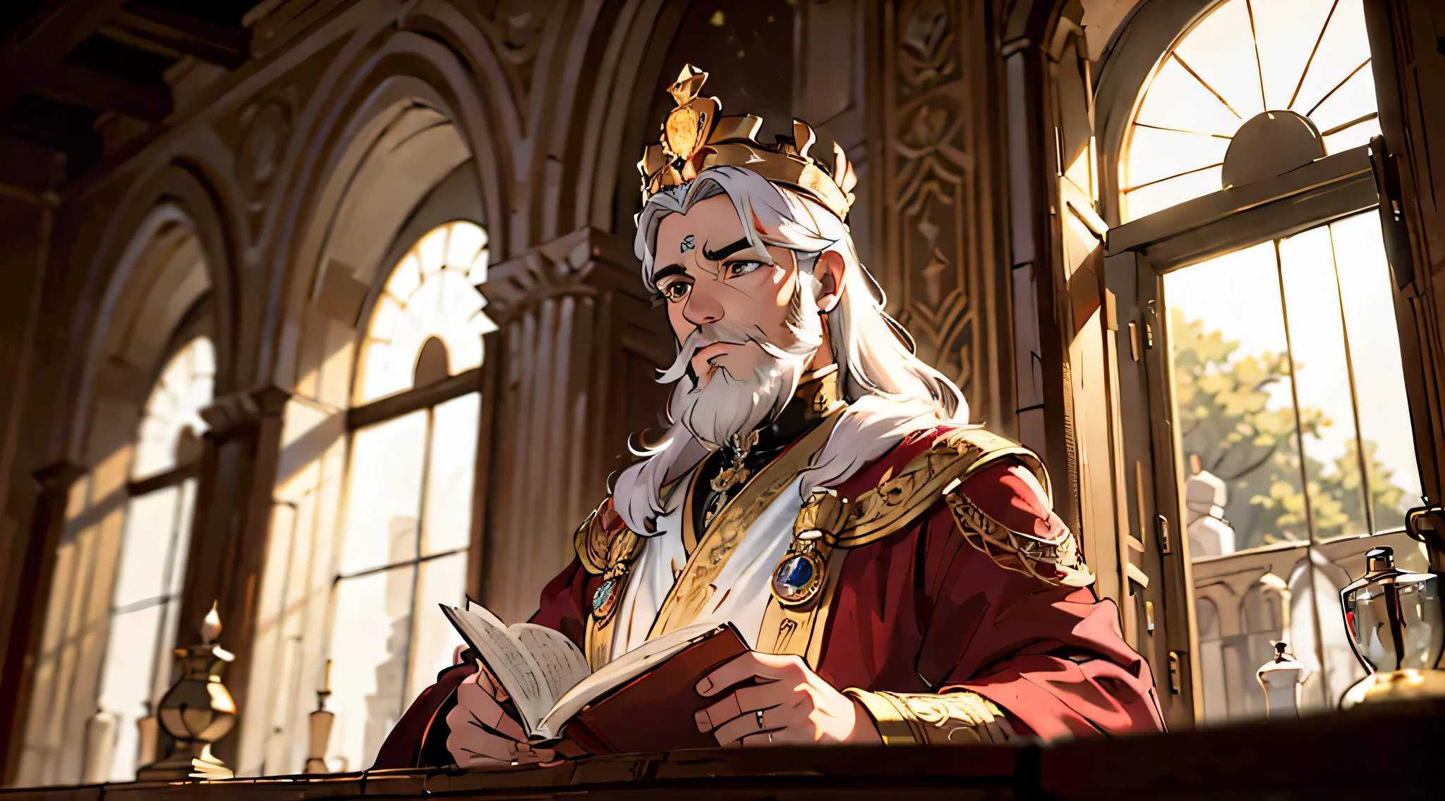 KING Solomon, estilo anime, with medium beard, (cabelos castanhos escuros e barba), olhos castanhos, White dress and red tonic, ((with a king's crown on his head with 12 gemstones of different colors)), lendo um livro antigo, olhando para um livro antigo aberto, Intricado, elegante, majestoso, background an interior of a golden palace (obra de arte, side lighting, lindos olhos finamente detalhados: 1.2), HDR