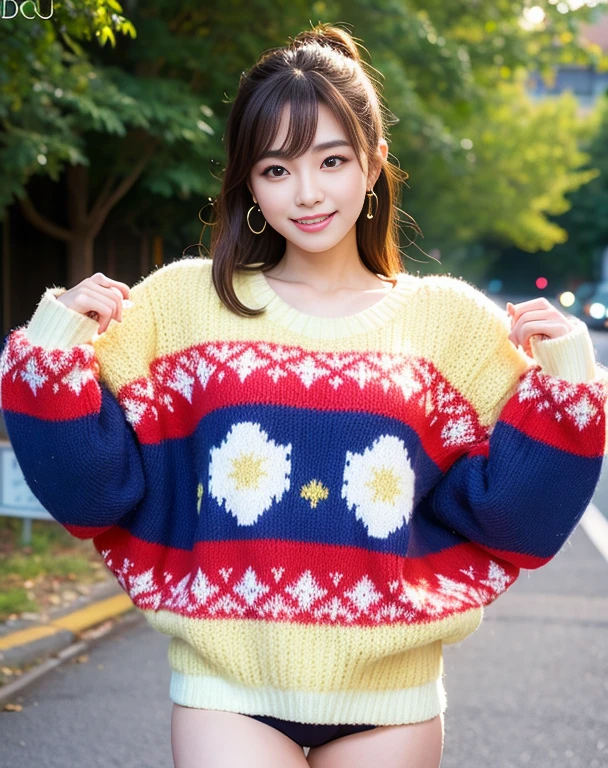 beautiful,K-POP idol,japanese idol,japanese actress,High resolution,beautiful skin,8K,RAW photo,highest quality,masterpiece,realistic,photo-realistic,clear,professional lighting,beautiful顔,highest quality,超High resolution,beautiful eyes,sexy,beautiful唇,white teeth,beautiful歯列,smile,whole body,beautiful脚,1girl in ugly pattern sweater