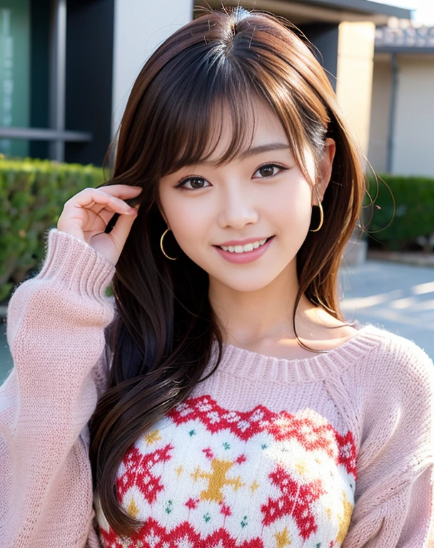 beautiful,K-POP idol,japanese idol,japanese actress,High resolution,beautiful skin,8K,RAW photo,highest quality,masterpiece,realistic,photo-realistic,clear,professional lighting,beautiful顔,highest quality,超High resolution,beautiful eyes,sexy,beautiful唇,white teeth,beautiful歯列,smile,whole body,beautiful脚,1girl in ugly pattern sweater