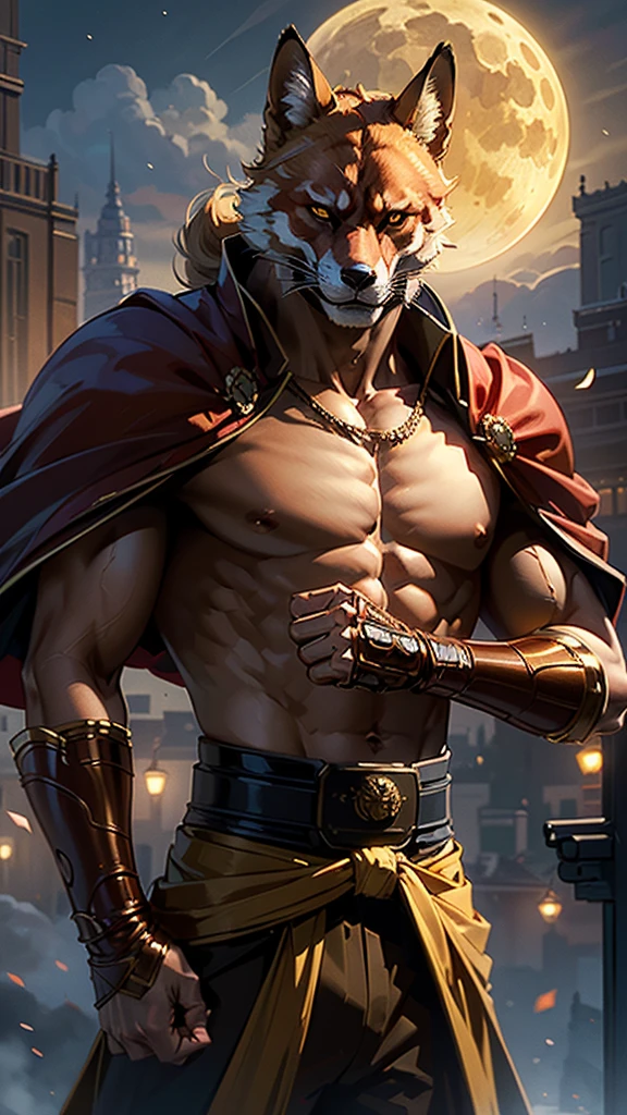 (best quality,4k,8k,highres,masterpiece:1.2),ultra-detailed,(realistic,photorealistic,photo-realistic:1.37), digital art, samurai, technological, fox mask, flowing red cape, golden gauntlets, serious pose, clenched fists, golden belt, dojo, city, full moon, stars, clouds, yellow smoke