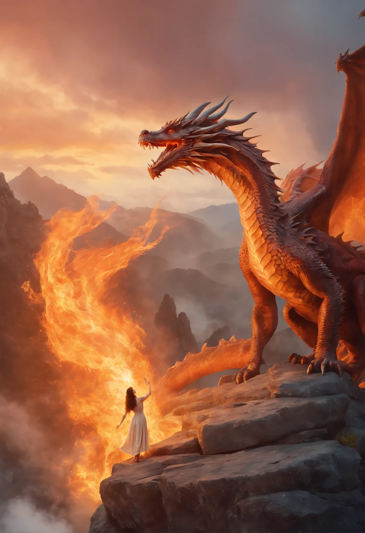Painting of a woman with brown curls in a fiery dress, standing under a huge dragon on a ledge of a rock in fire, Goddess of fire, wonderful fiery mood, fabulous digital painting, Magical colors and atmosphere lost in a dreamy fairy-tale landscape, Magical colors and atmosphere, Fiery light, moody foggy fantasy art, Standing in a mystical forest, Fantasy digital painting, dragon calm, Dreamy scene, Mystical scene, fire empress