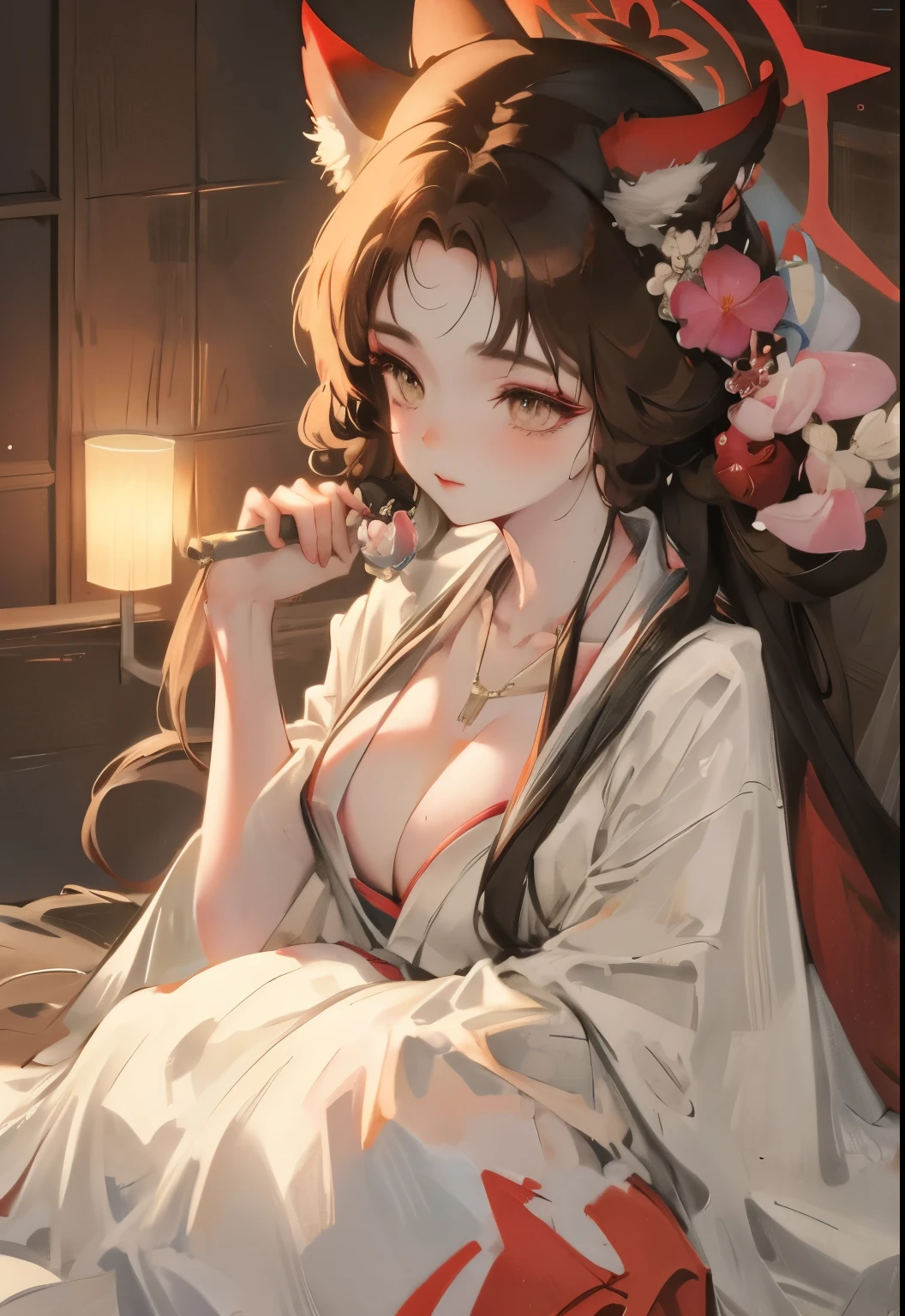 Smooth and plump forehead,Wearing a fox mask,final fantasy (yuna) Anime girl with brown hair and white kimono dress holding necklace, beautiful figure painting, soft anime CG art, Realistic anime art style, Beautiful anime portrait, Beautiful anime woman, Realistic anime girl rendering, Makoto Shinkai and Artgerm, Realistic 3D anime style, anime realism style, anime style digital art, beautiful anime girl