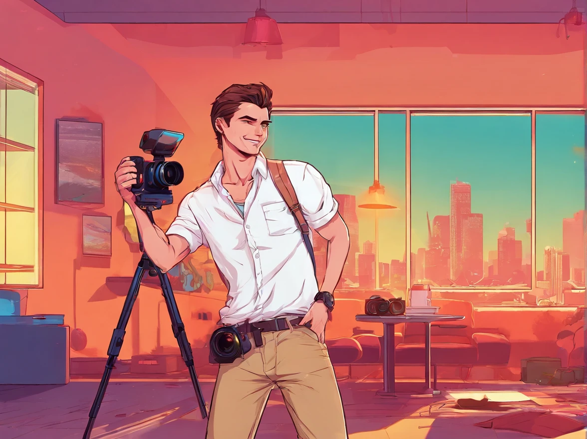 a young man Wear a white shirt Taking pictures with a camera, in a studio in the background, smile, Minimalism, interior architecture, cinematic lighting, dutch angle