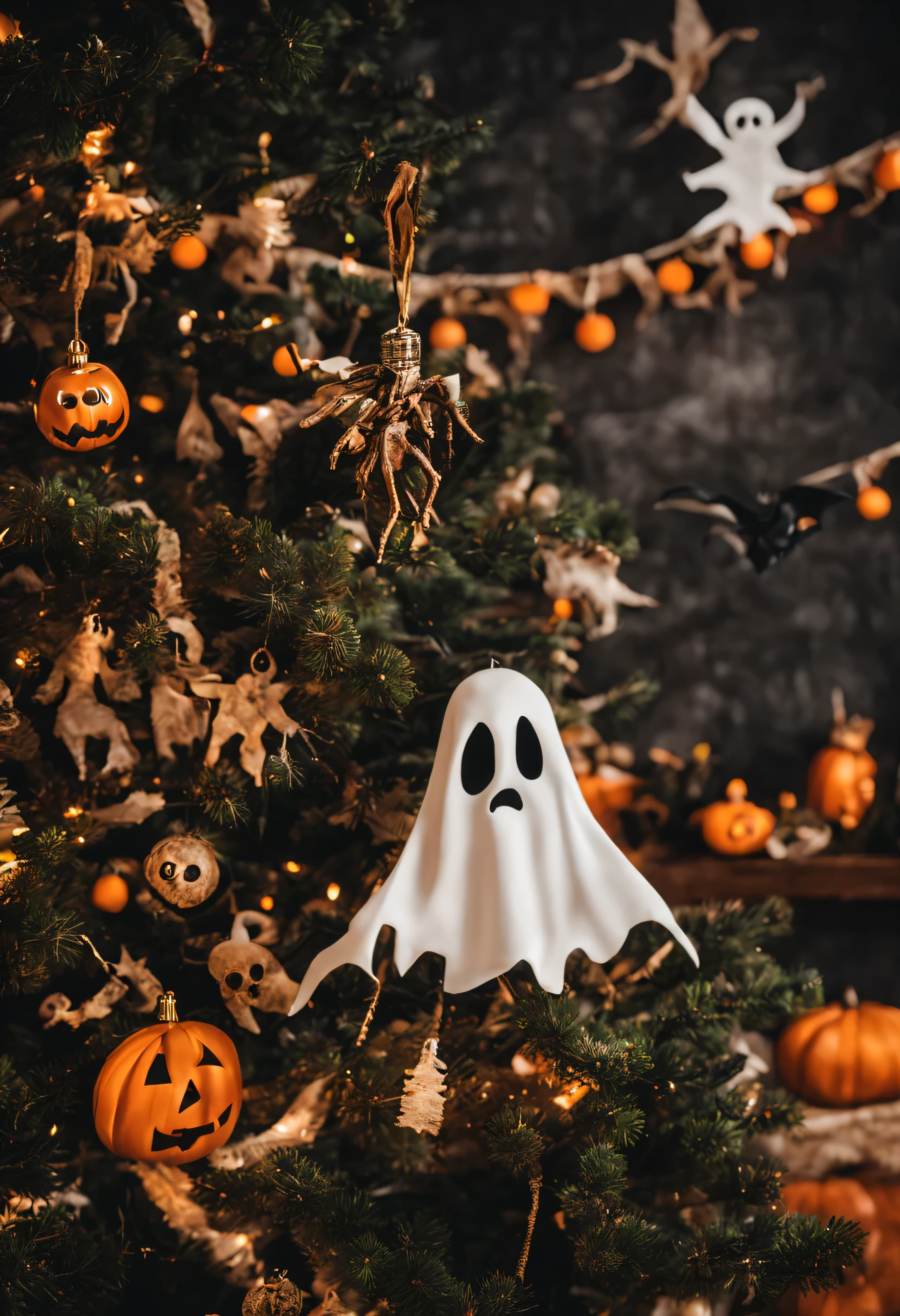 christmas tree with halloween decorations, ghost flying around the tree, spiders and bats as decoration