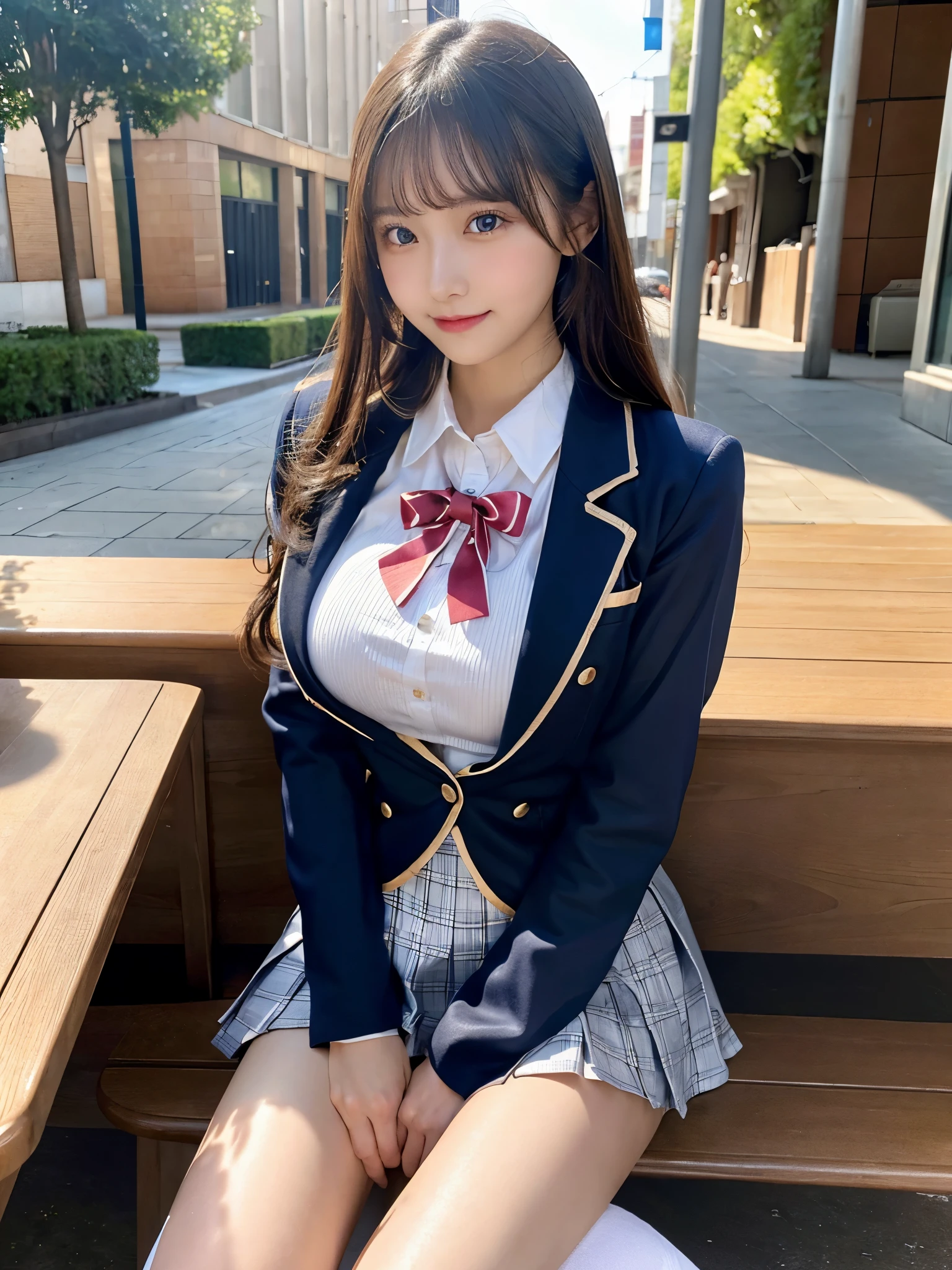 (table top:1.3, Photoreal:1.4, 8K), highest quality, masterpiece, Super high resolution, perfect dynamic composition, Highly detailed skin and facial textures:1.3, detailed eye, Detail of limbs, 1 girl, Cute sexy 17 year old slim woman, Fair skin, ((transparency:1.1)), ((Huge breasts on the verge of bursting:1.0, Do not show areola)), (laughter:0.9, completely enchants you:0.9), (High School Girl Blazer Uniform:1.3), (beautiful blue eyes, transparencyのある美意識のある瞳:0.85), sexy face:0.4, blush:1.1, (A taste that gives you a beautiful sense of eroticism:0.85), professional camera work, Cultivate the effect of light, ((View from the knee up)), ((Too erotic:0.9))