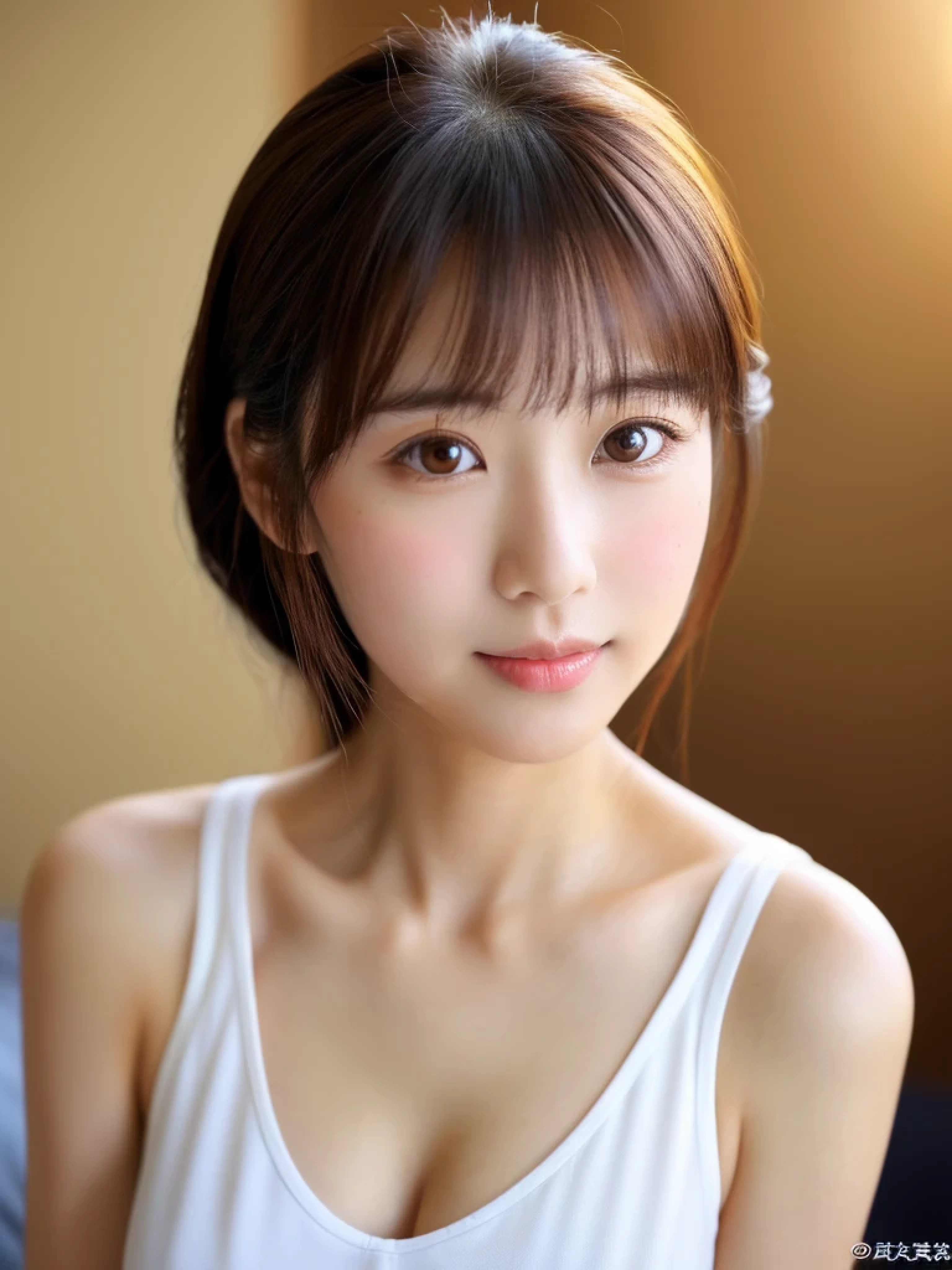 ((cute日本の女の子、beautiful japanese girl、1 girl、clear、19 years old、ponytail、Highly detailed face and skin texture、refinement、super detailed face、highly detailed eyes、Lee Hong、blush、cheek、ピンクのcheekを塗ったcheek、close-up of woman、 from the neck up、 Close to the camera、 positive face、Forward-facing body、look at the camera、front、cute、smooth white skin、Transparent skin texture、))、(dark brown hair、bangs)、beautiful woman with perfect style：1.4、japanese model、young gravure idol、若いcuteグラビアアイドル、Realistic young gravure idol、refinementされたグラビアアイドル、((highest quality、8K、masterpiece:1.3、１photograph))、(4K、RAWphotograph、highest quality)、(realistic、フォトrealistic:1.37)、Place someone on the other side of the screen、Natural light、professional lighting、F cup、big breasts、big breasts、Beautiful and well-shaped breasts、