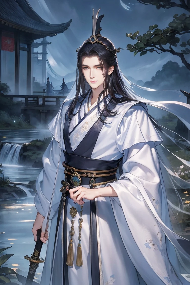 (best quality,high resolution,clear image:1.2),Super detailed background,Beautiful man standing holding sword，this it，The wind blows，Chinese clothing,（clothes are：1.5），Garden scene,Under the moonlight,waterfall man，romantic atmosphere,Dutch style shot,soft light,helmet，upper body portrait，