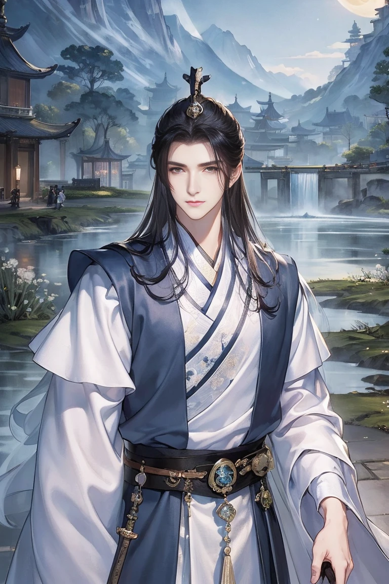 (best quality,high resolution,clear image:1.2),Super detailed background,Beautiful man standing holding sword，this it，The wind blows，Chinese clothing,（clothes are：1.5），Garden scene,Under the moonlight,waterfall man，romantic atmosphere,Dutch style shot,soft light,helmet，upper body portrait，