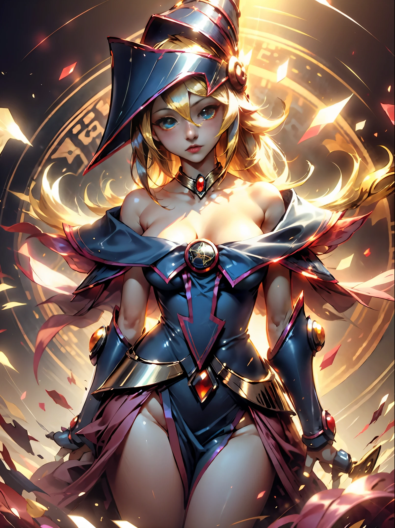 1girl, solamente,Lindo, , sentado sobre el agua, HMDMG1, Sombrero de mago, escote, hombros desnudos, vestido, fuera del hombro, magica, Mistro, particuls, corazones, amar,Molienda, Detalles altos, Arte digital, Obra maestra,,Lindo,hermosos ojos, Magia