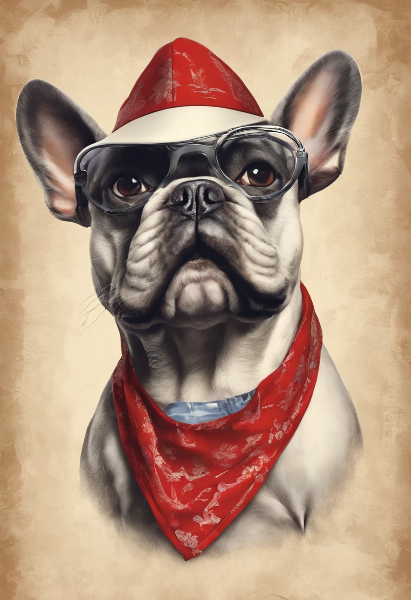 French bulldog dog, he wears a red bandana around his neck, Fashion glasses, famous brand cap, cartazes, planfetos, adesivos, propaganda, revista.