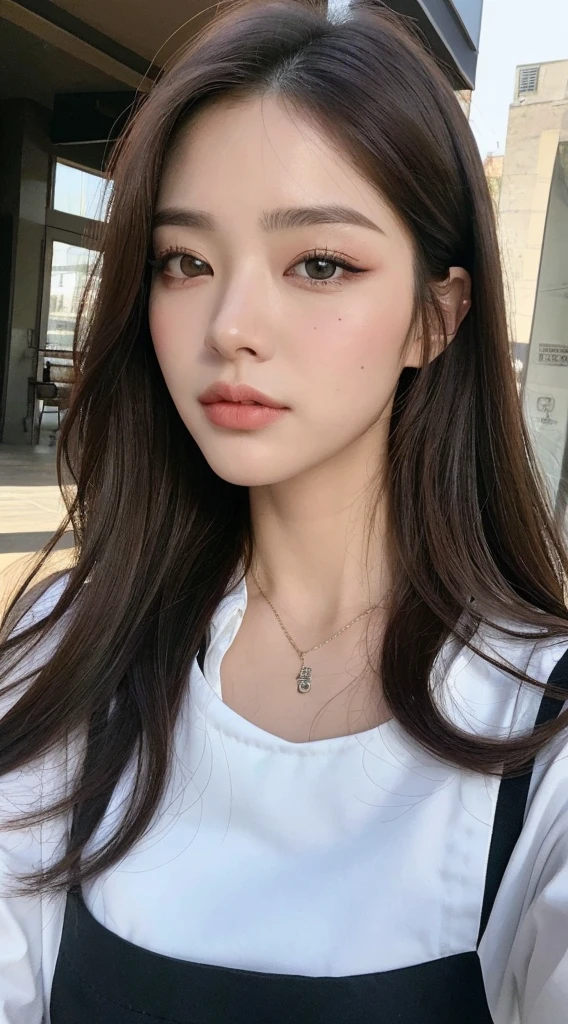 (best quality, high resolution, chef-d'artwork :1.3), Une grande et jolie femme, Abdos minces, Dark Brown Hair Styled in Loose Waves, seins, Porter un pendentif, White Button Down Shirt, ceinture, Jupe noire, (Modern architecture in the background), Superbly rendered details on the face and skin texture, detailed eyes, double eyelid