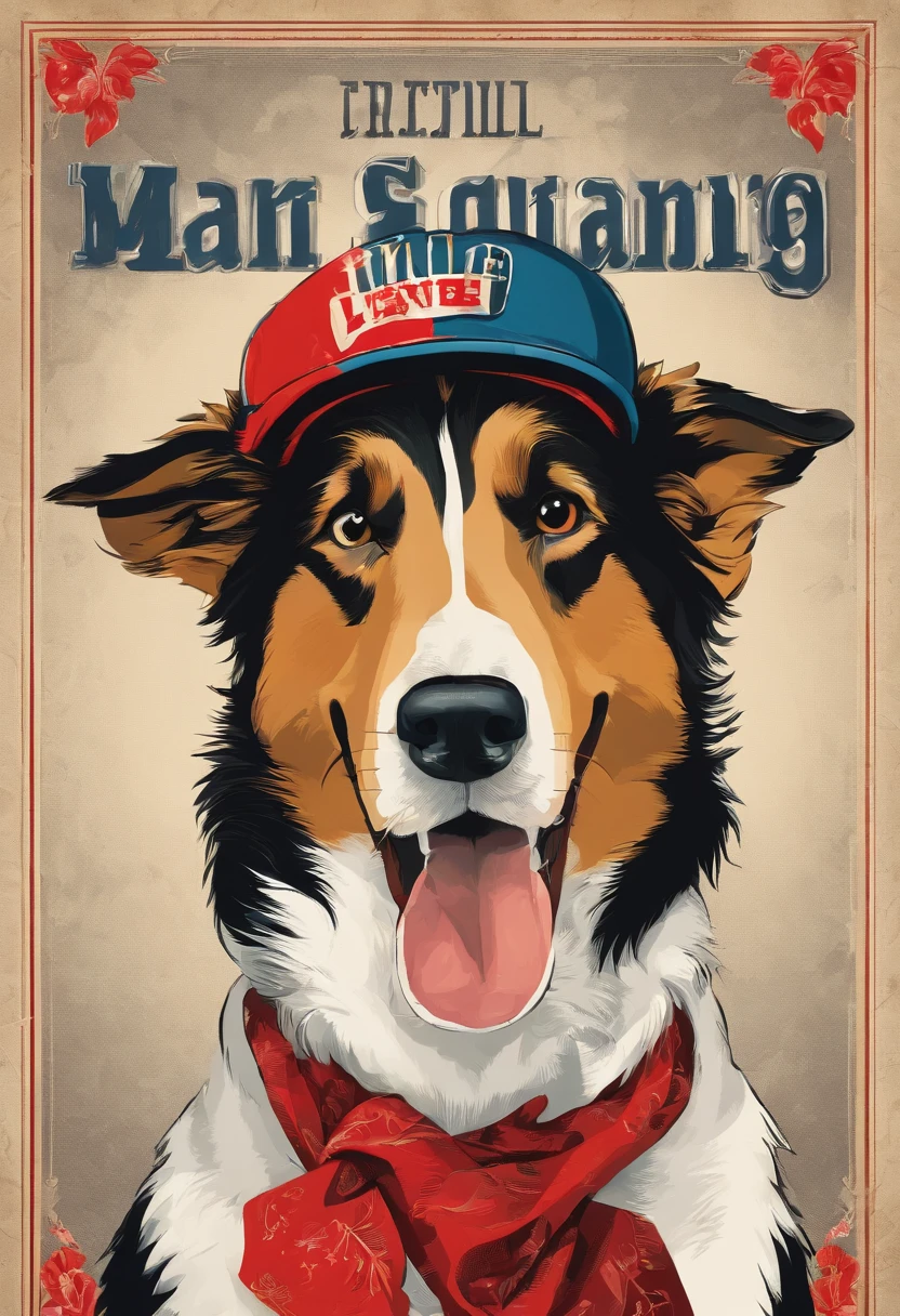 collie dog he wears a red bandana around his neck, fashion glasses, famous brand cap , cartazes, planfetos, adesivos, propraganda, revista.
