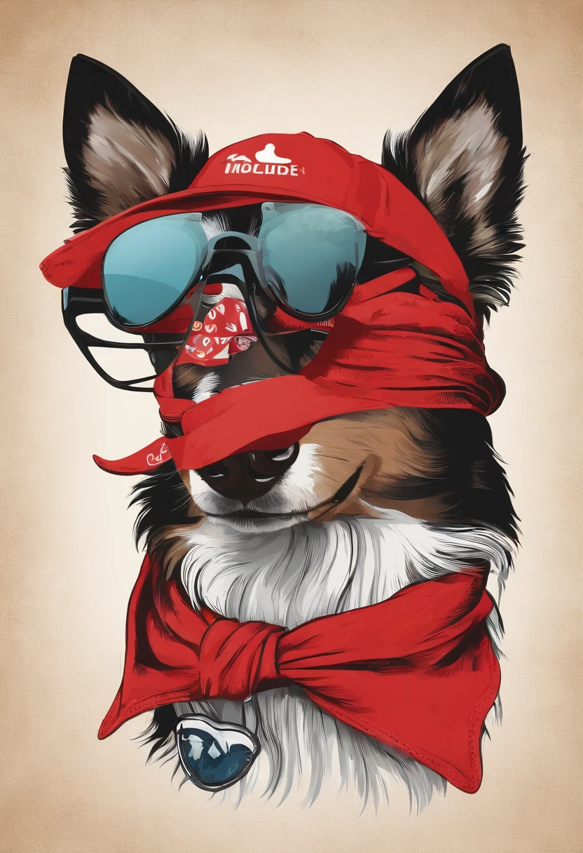 collie dog he wears a red bandana around his neck, fashion glasses, famous brand cap , cartazes, planfetos, adesivos, propraganda, revista.