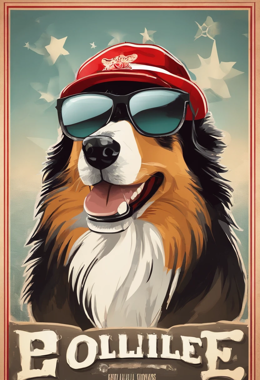 collie dog he wears a red bandana around his neck, fashion glasses, famous brand cap , cartazes, planfetos, adesivos, propraganda, revista.
