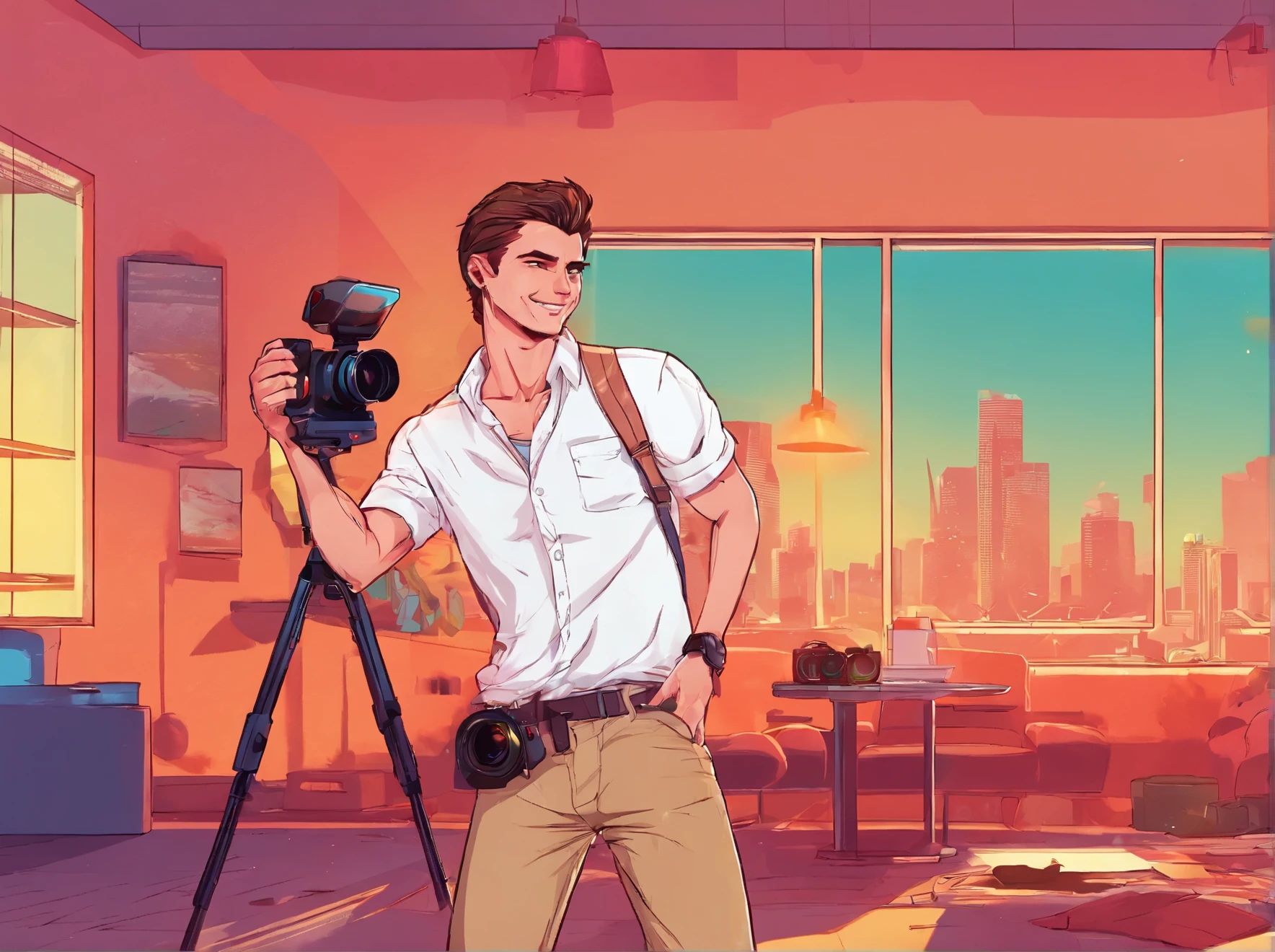 a young man Wear a white shirt Taking pictures with a camera, in a studio in the background, smile, Minimalism, interior architecture, cinematic lighting, dutch angle