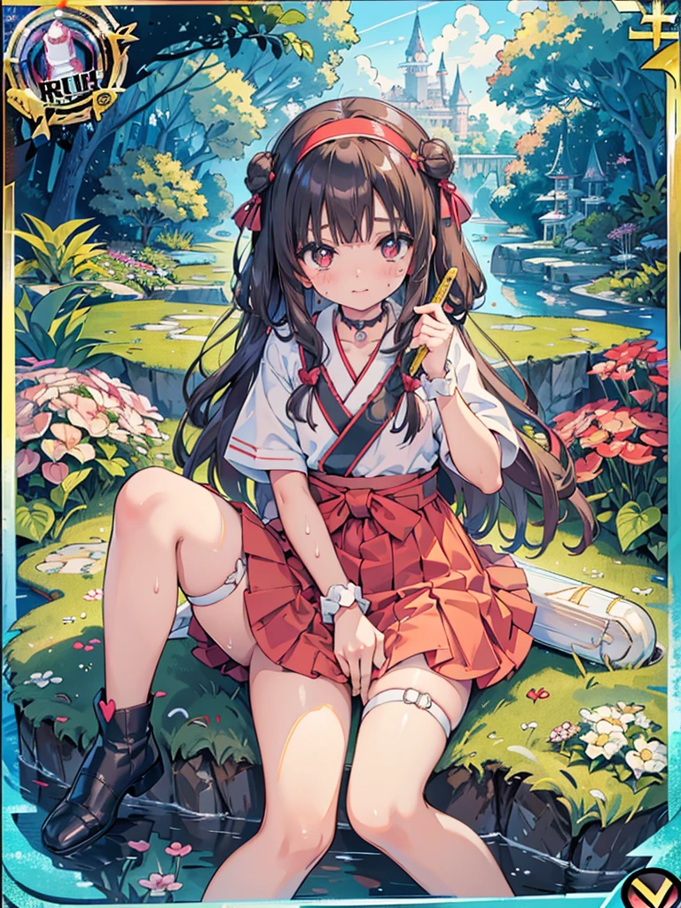 photo realistic, (masterpiece,best quality:1.4),(8k,raw photo,photo realistic:1.2), detailed skin, detailed face, ((1girl)),Japanese idol, cute face, girl, Not Safe for Work, (raw photo, photo realistic: 1.2), ALL Nudi-ty, nudi, (((NO panties))),nipp-les, Open twat, anus, went, (((hair of pubis, Not safe for work))), pubisure, (RED frilled japanese clothes), ((RED frilled hakama short skirt)), frilled, White frilled legwear, ankle boots, frilled choker, amulet, wrist cuffs, sash, frilled reg garter, (((No cloth))), cape, (((Holding a cute magic wand))), heart ring, ((long hair)), light brown hair, braid, brown eyes, straight hair, little 12years old,ite, cute, happy, medium breasts, small nipp-les, (((sitting spread legs))), kanzashi, (hairband), (((transparent fake phallus fuck,Not for safe work))), heart shaped pupils, medium bob,((puss juice, Sweat, Sweatdrop)), (((spread puss,Not Safe for Work))), (((ure-thra))), ((uterus)), ((clitoris)), urinates, anus, yumekawa,yumekawaii,pastel color,(wonderland garden:1.3),rainbow, imagination,(no gravity, floating Castle:1.4),heart background, beam of light, glittering ball of light, (((trading card))),