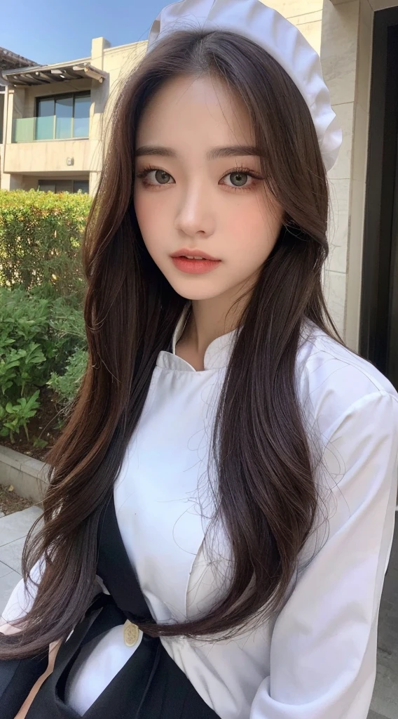 (best quality, high resolution, chef-d'artwork :1.3), Une grande et jolie femme, Abdos minces, Dark Brown Hair Styled in Loose Waves, seins, Porter un pendentif, White Button Down Shirt, ceinture, Jupe noire, (Modern architecture in the background), Superbly rendered details on the face and skin texture, detailed eyes, double eyelid